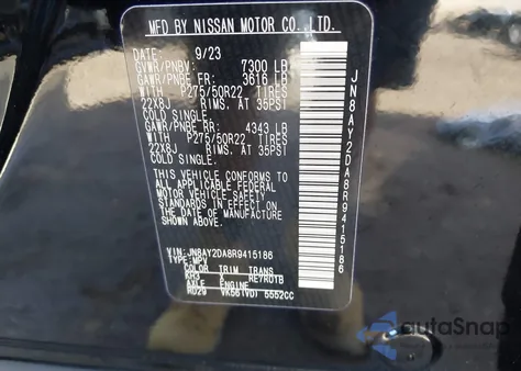 2024 Nissan Armada Platinum 2Wd из США, поврежденный, VIN JN8AY2DA8R9415186